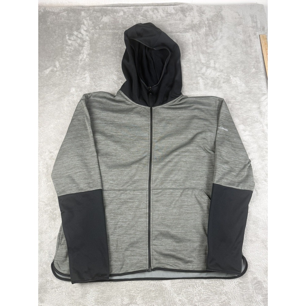Columbia Mens XL Full Zip Hooded Jacket Gray Black Fleece Stretch Outdoor